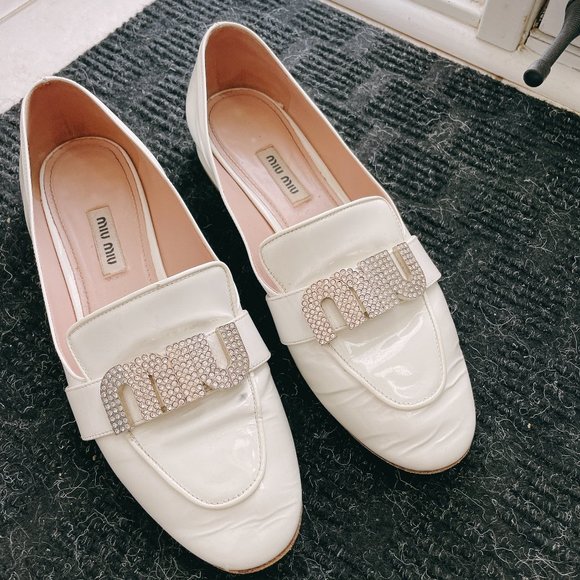 Miu Miu Shoes - Miu Miu White Flats with Crystal Detail